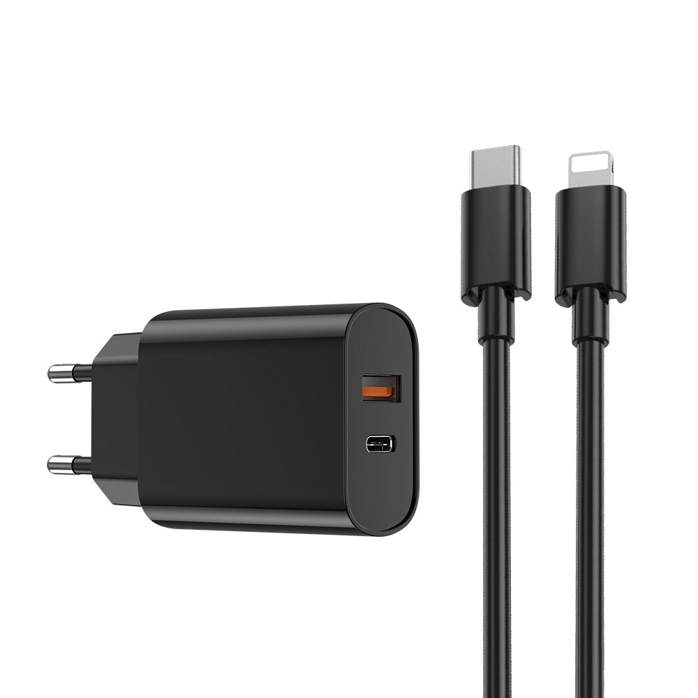 WIWU vægoplader med PD + QC 20W 1xUSB 1xUSB-C og USB-C til Lightning-kabel - Sort