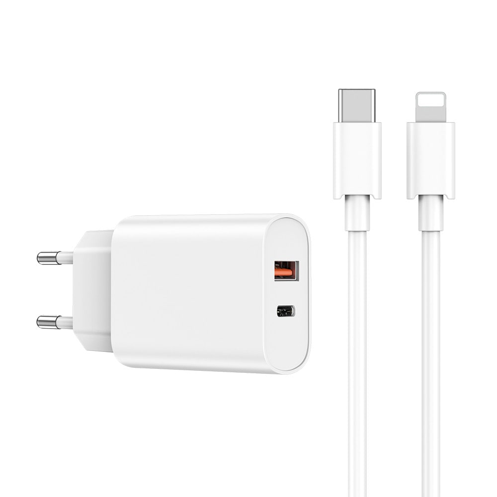 WIWU vægoplader med PD+QC 20W 1xUSB 1xUSB-C og USB-C til Lightning-kabel - hvid