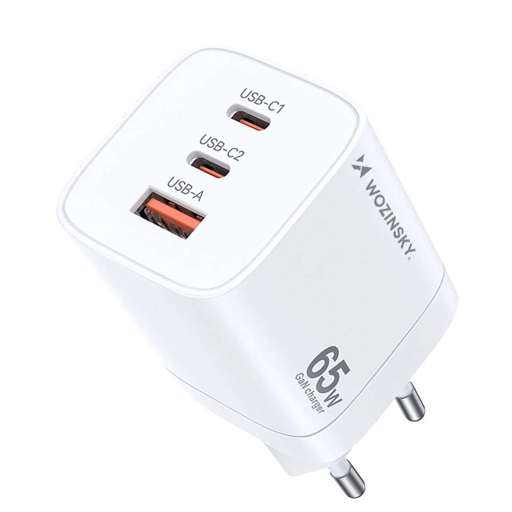 GaN 65W vægoplader med 2 USB-C og 1 USB-A