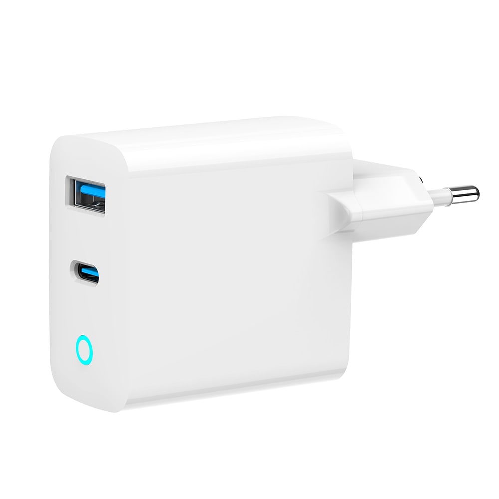 GaN USB-oplader 65W med 1xUSB-C PD og 1xUSB QC3.0 - Hvid