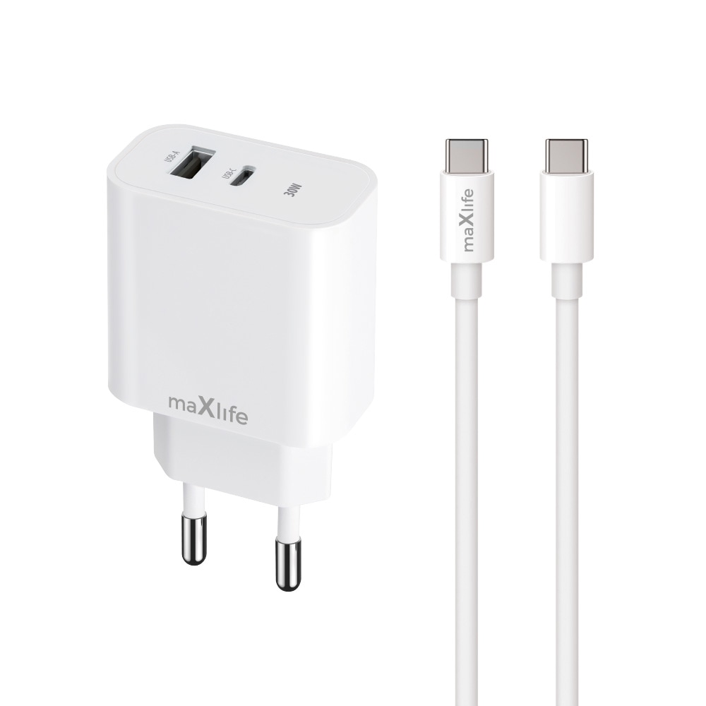 USB-oplader PD QC 30W med USB og USB-C + USB-C-kabel 60W