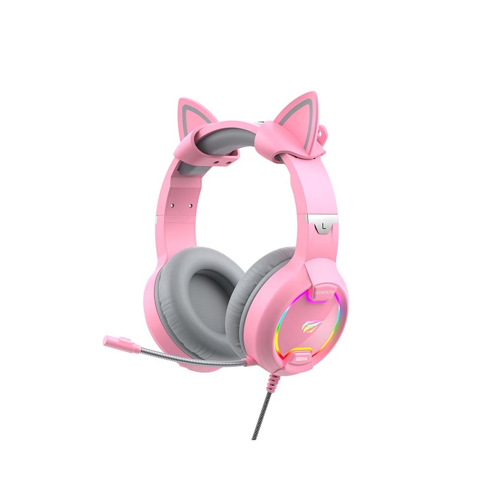 Havit gaming-headset med LED-belysning og aftagelige katteører - Pink