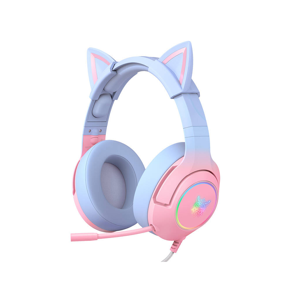 Onikuma K9 Gaming Headset med aftagelige katteører og LED-lys - Pink/Blue