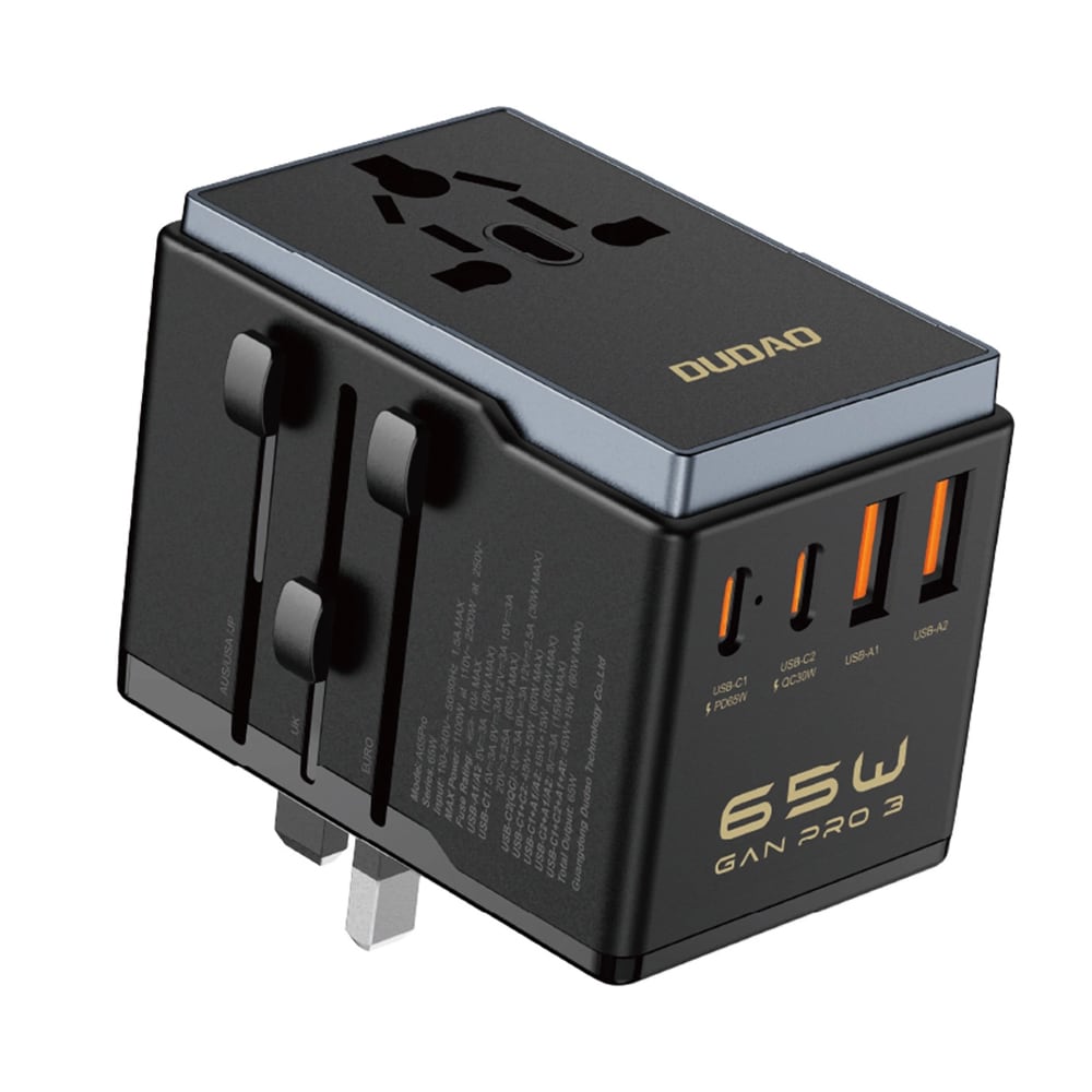 Dudao Travel Adapter 65W EU/US/JP/AUS/UK med 2x USB-C 2x USB-A - Sort