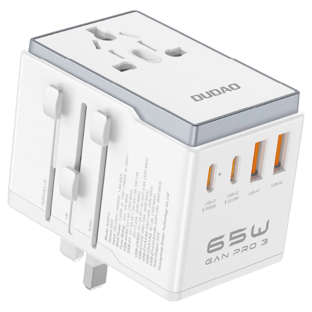 Dudao Travel Adapter 65W EU/US/JP/AUS/UK med 2x USB-C 2x USB-A - Hvid