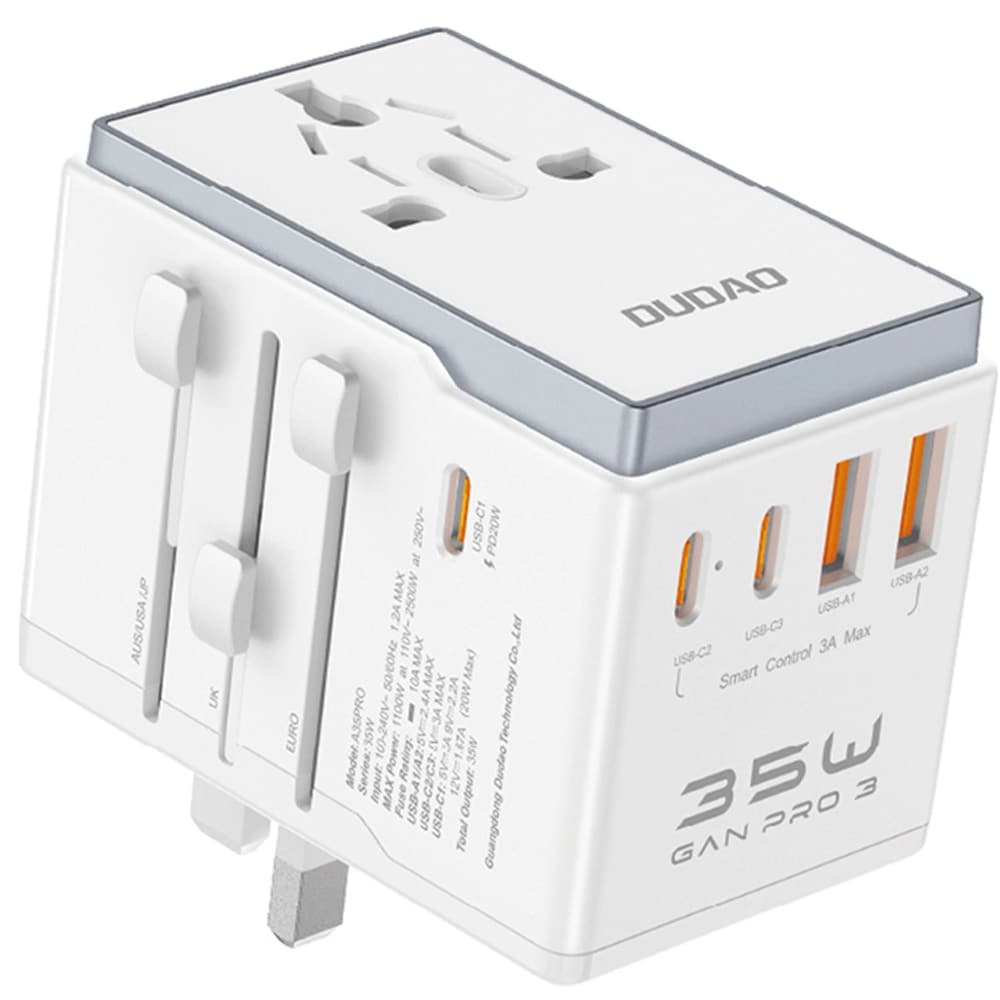 Dudao Travel Adapter 35W EU / UK / AUS / US / JP med 3x USB-C 2x USB-A - Hvid