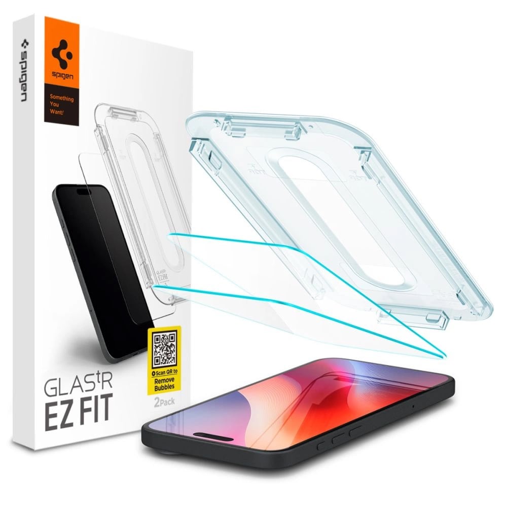 Spigen Glass TR EZ.Fit hærdet skærmbeskytter til iPhone 16 Pro 2-pak