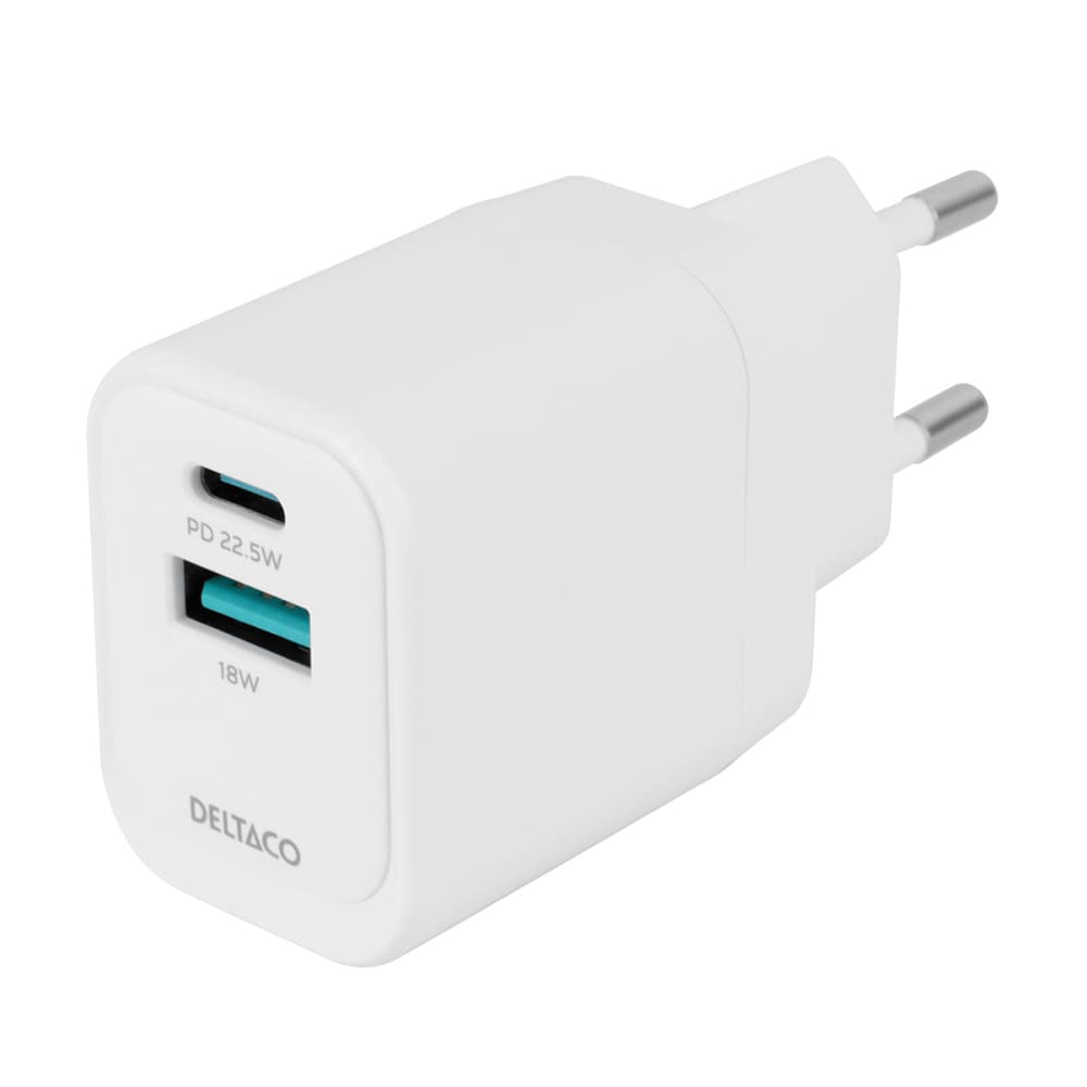 Deltaco Vægoplader med 1xUSB 18W og 1xUSB-C PD 20W