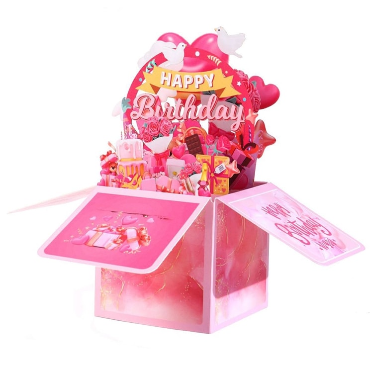 Farverig 3D Happy Birthday-æske med pop-up-funktion - Pink