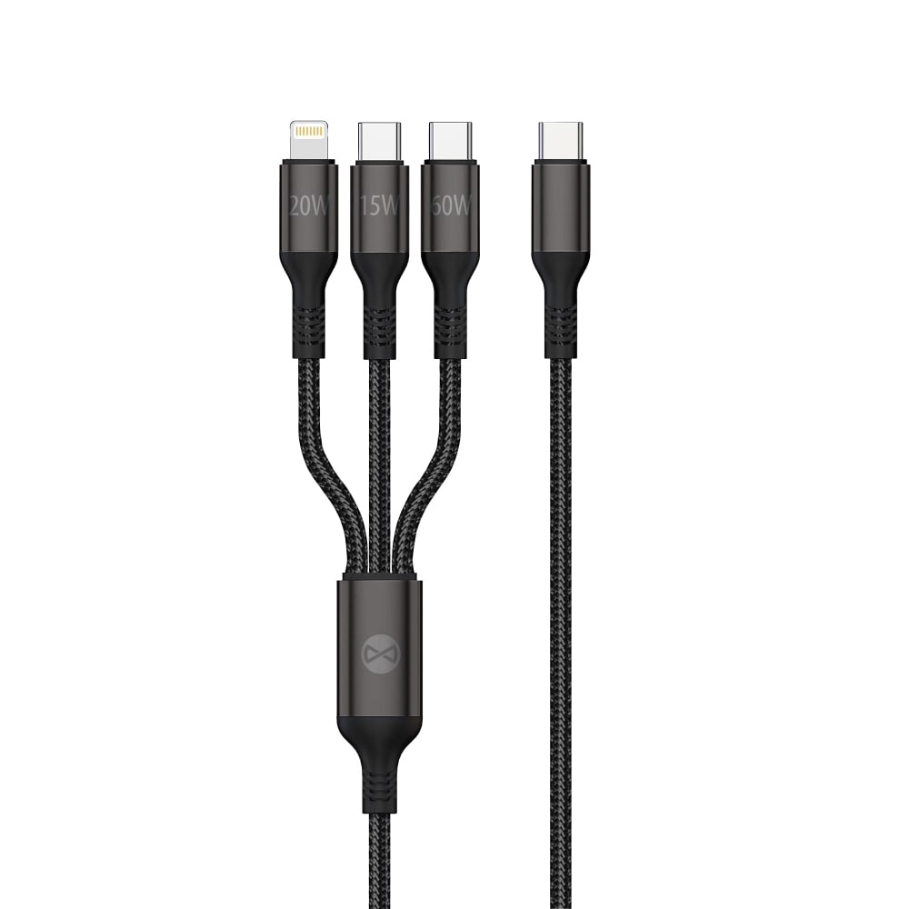 Forever 3in1 USB-kabel, USB-C til Lightning + 2x USB-C 1,2 m 60W - Svart