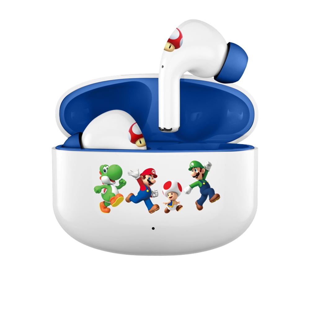 Super Mario trådløse in-ear-hovedtelefoner med Bluetooth 5.0 og opladningsetui - Hvid/Blå