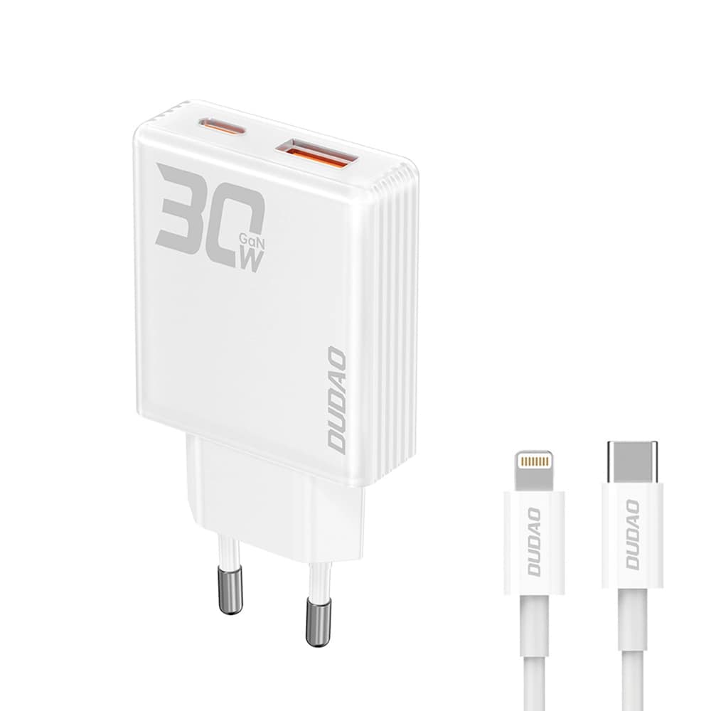 Dudao GaN USB-oplader 30W med 1xUSB, 1xUSB-C og USB-C til Lightning-kabel - Hvid